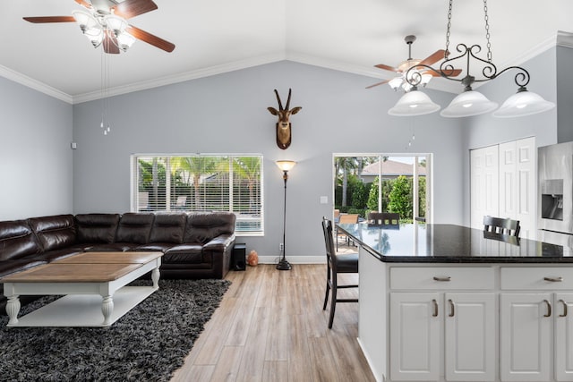 4620 SE Winter Haven Ct, Stuart, FL 34997 - living area featuring ceiling fan, light wood-style flooring, ornamental molding, vaulted ceiling, and baseboards