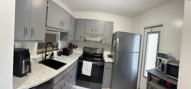 4441 NW 16th St Unit J210, Lauderhill, FL 33313 - kitchen featuring black appliances, gray cabinetry, under cabinet range hood, and a sink