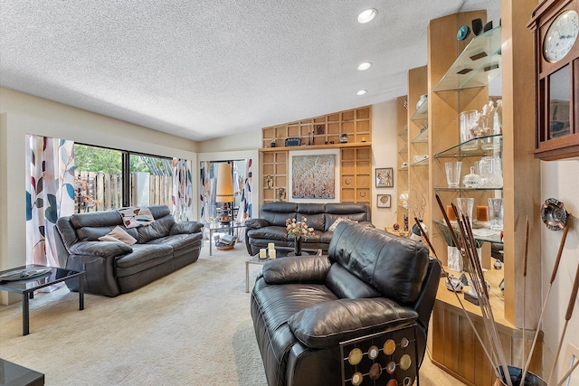 11 Meadows Dr, Boynton Beach, FL 33436 - living area with a textured ceiling, light colored carpet, vaulted ceiling, and recessed lighting