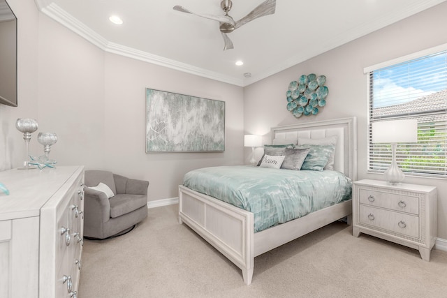 5211 SW Blue Daze Way, Palm City, FL 34990 - bedroom featuring light colored carpet, baseboards, crown molding, recessed lighting, and a ceiling fan
