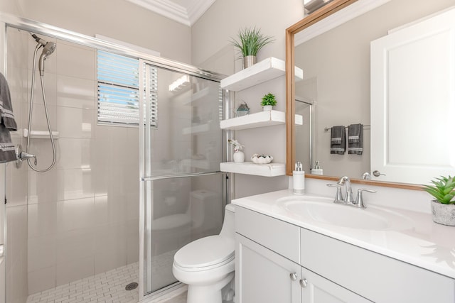 5211 SW Blue Daze Way, Palm City, FL 34990 - full bath with toilet, a shower stall, vanity, and ornamental molding