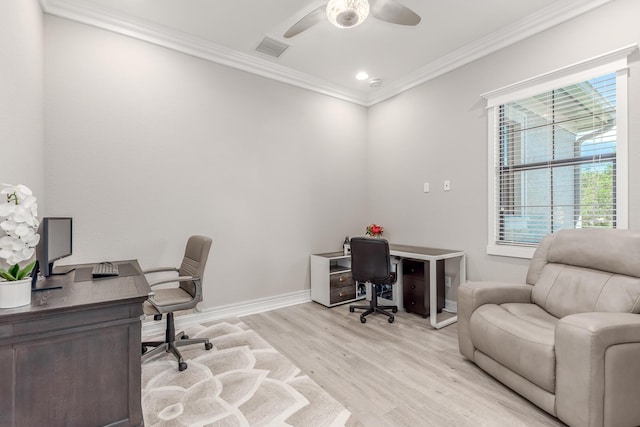 5211 SW Blue Daze Way, Palm City, FL 34990 - office with a ceiling fan, light wood-type flooring, ornamental molding, baseboards, and recessed lighting
