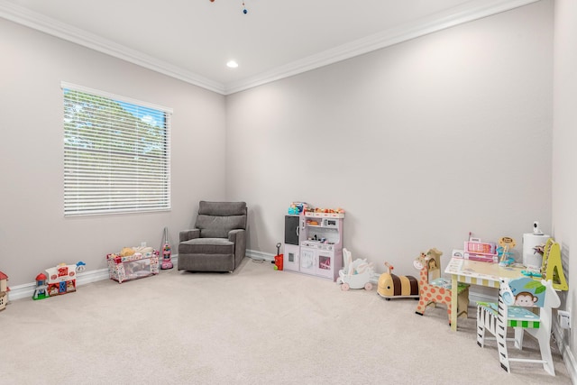 5211 SW Blue Daze Way, Palm City, FL 34990 - rec room featuring crown molding, carpet flooring, baseboards, and recessed lighting