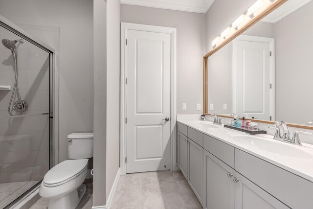 5211 SW Blue Daze Way, Palm City, FL 34990 - bathroom with a shower stall, toilet, double vanity, and baseboards