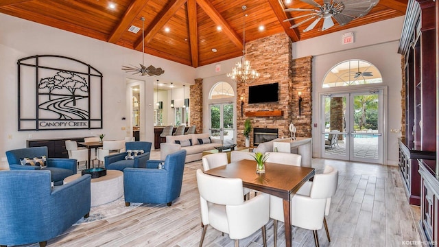 5211 SW Blue Daze Way, Palm City, FL 34990 - dining room featuring wood ceiling, high vaulted ceiling, beam ceiling, ceiling fan, and light wood finished floors
