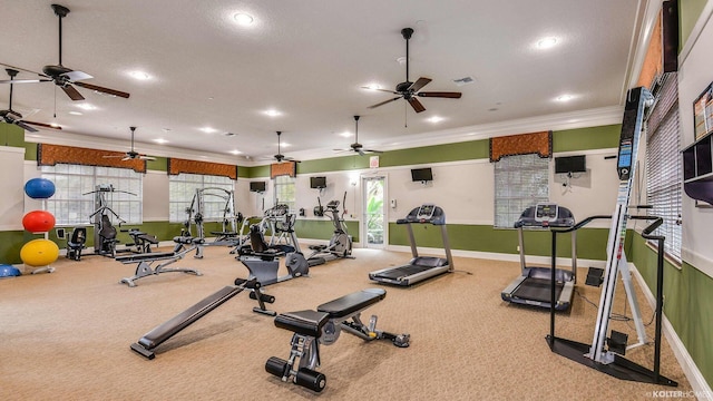 5211 SW Blue Daze Way, Palm City, FL 34990 - workout area with ornamental molding, carpet, a ceiling fan, baseboards, and recessed lighting