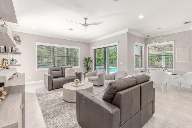 5211 SW Blue Daze Way, Palm City, FL 34990 - living area with light tile patterned flooring, a ceiling fan, a chandelier, recessed lighting, and baseboards