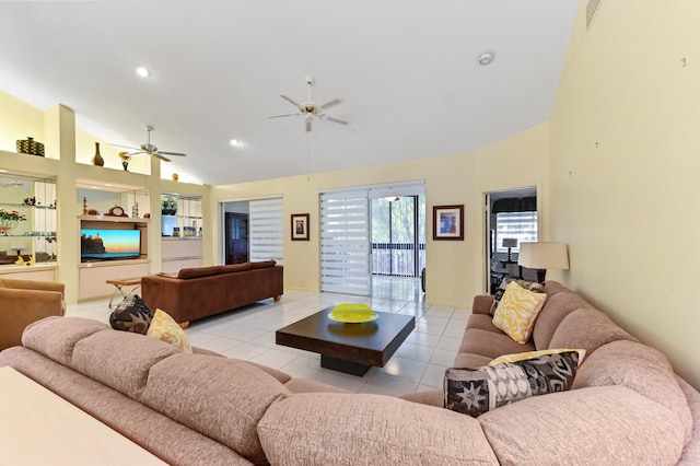 11683 Briarwood Cir Unit 4, Boynton Beach, FL 33437 - living area with high vaulted ceiling, light tile patterned flooring, ceiling fan, recessed lighting, and built in features