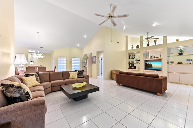 11683 Briarwood Cir Unit 4, Boynton Beach, FL 33437 - living room with a chandelier, high vaulted ceiling, light tile patterned floors, and ceiling fan