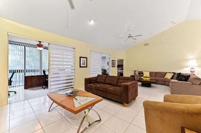 11683 Briarwood Cir Unit 4, Boynton Beach, FL 33437 - living area with ceiling fan, lofted ceiling, and light tile patterned floors