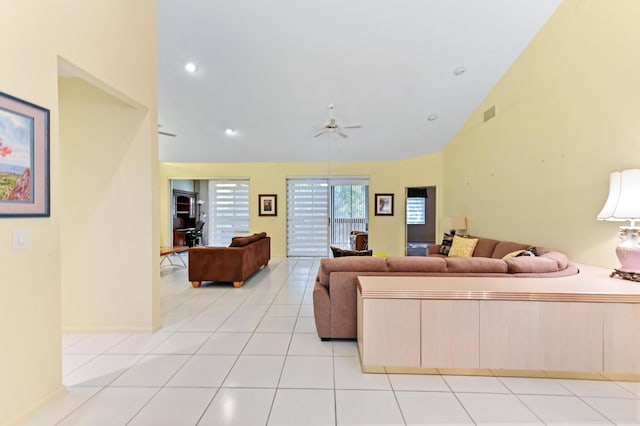 11683 Briarwood Cir Unit 4, Boynton Beach, FL 33437 - living room with light tile patterned flooring, ceiling fan, lofted ceiling, and recessed lighting