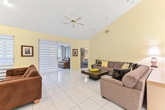 11683 Briarwood Cir Unit 4, Boynton Beach, FL 33437 - living area with a ceiling fan, light tile patterned floors, and high vaulted ceiling