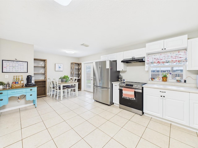 3307 SW 22nd St, Okeechobee, FL 34974 - kitchen with appliances with stainless steel finishes, under cabinet range hood, light countertops, white cabinets, and light tile patterned floors