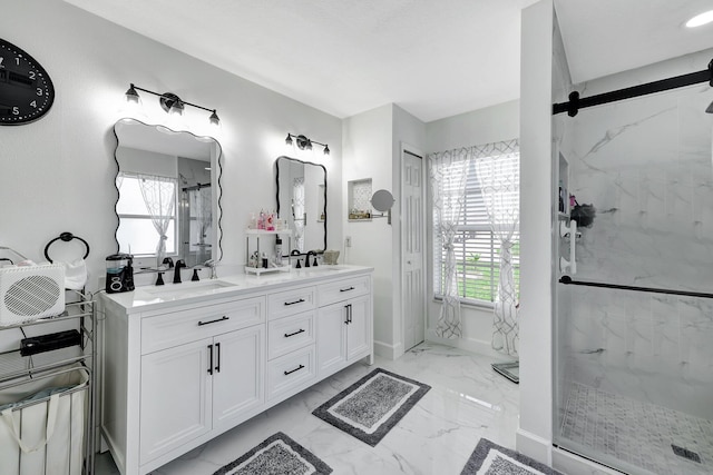 1226 SW San Antonio Ave, Port Saint Lucie, FL 34953 - full bath featuring a marble finish shower, marble finish floors, double vanity, and baseboards