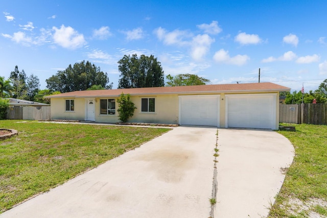 ranch-style house featuring concrete driveway, stucco siding, and an attached garage