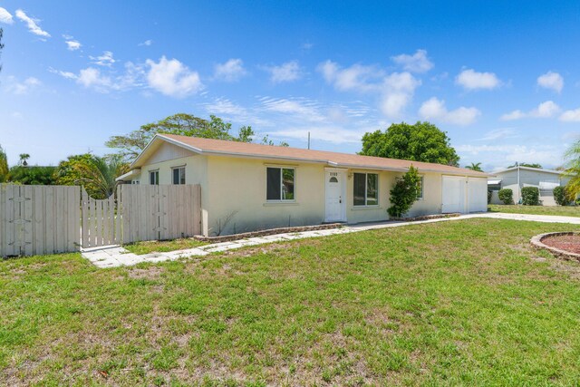 ranch-style house with stucco siding and a gate