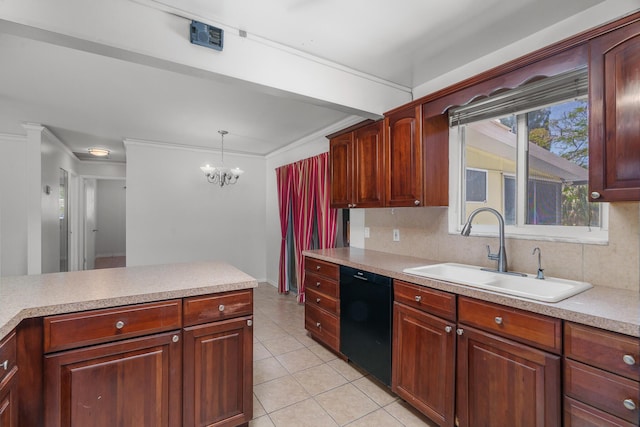 kitchen with black dishwasher, a sink, light tile patterned flooring, light countertops, and ornamental molding