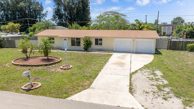 ranch-style home with concrete driveway, an attached garage, and stucco siding