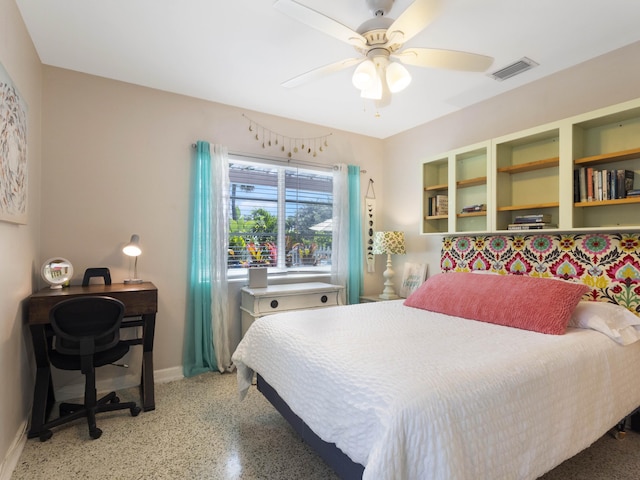 1001 N Lakeside Dr, Lake Worth Beach, FL 33460 - bedroom with dark speckled floor, baseboards, and ceiling fan