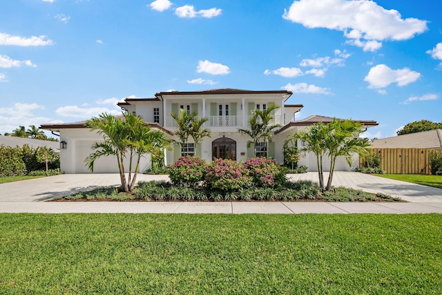 mediterranean / spanish-style house featuring driveway, an attached garage, a balcony, stucco siding, and a front yard