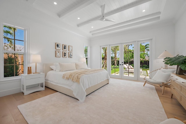 bedroom with access to exterior, french doors, light wood-style flooring, ceiling fan, and recessed lighting