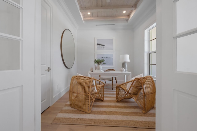 sitting room featuring wood finished floors, baseboards, recessed lighting, and wood ceiling with exposed beams