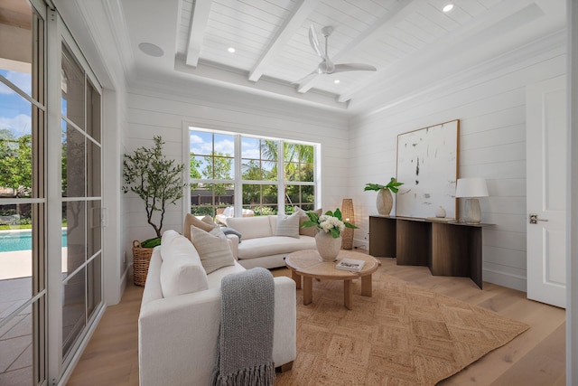 living room featuring light wood-style flooring, ceiling fan, and wood ceiling with exposed beams