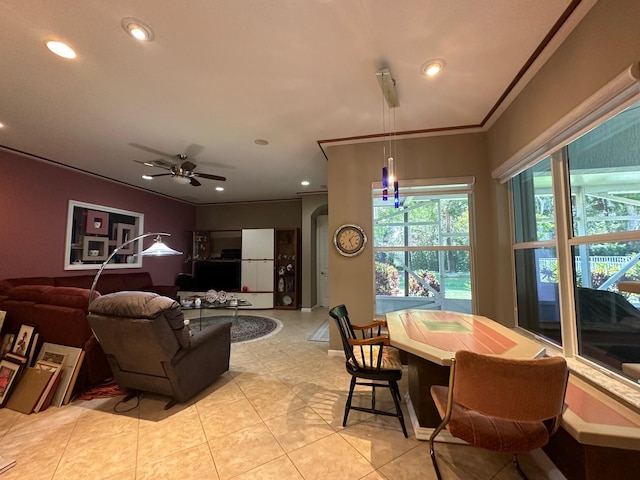 473 Cottagewood Ln, West Palm Beach, FL 33411 - living room featuring crown molding, recessed lighting, light tile patterned floors, and ceiling fan