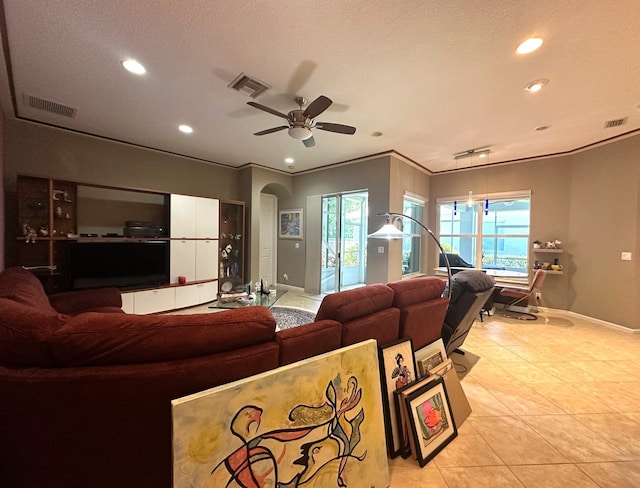 473 Cottagewood Ln, West Palm Beach, FL 33411 - living room with recessed lighting, baseboards, a ceiling fan, light tile patterned floors, and arched walkways