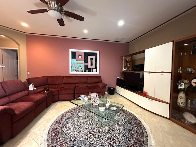 473 Cottagewood Ln, West Palm Beach, FL 33411 - living room featuring arched walkways, recessed lighting, a ceiling fan, and light tile patterned floors