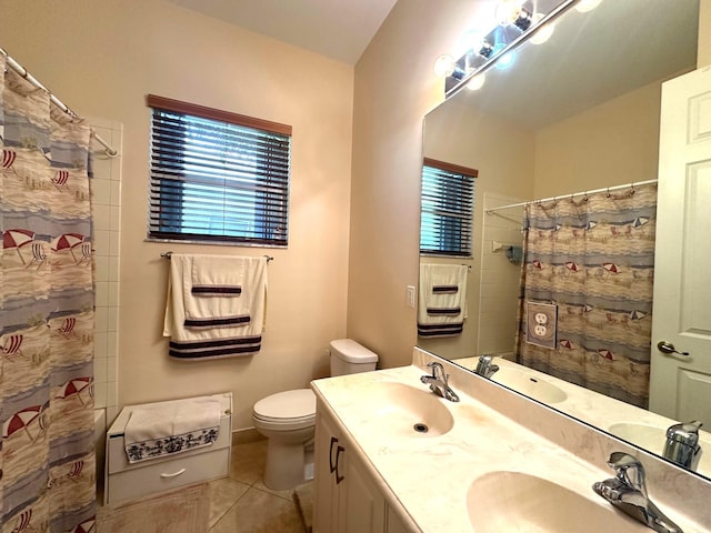 473 Cottagewood Ln, West Palm Beach, FL 33411 - bathroom with tile patterned floors, toilet, double vanity, and a shower with shower curtain
