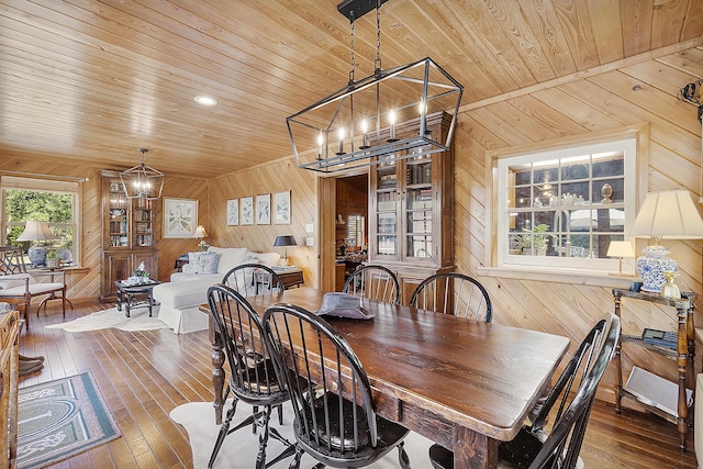 32801 US Highway 441 N Unit 64, Okeechobee, FL 34972 - dining area with wooden walls, wooden ceiling, a chandelier, and hardwood / wood-style flooring