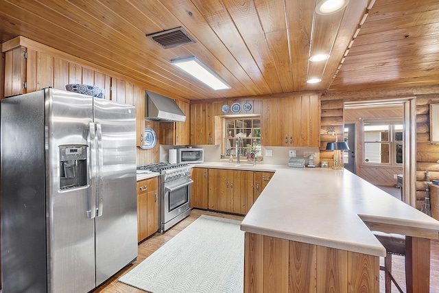32801 US Highway 441 N Unit 64, Okeechobee, FL 34972 - kitchen with appliances with stainless steel finishes, wall chimney range hood, wooden ceiling, a peninsula, and rustic walls