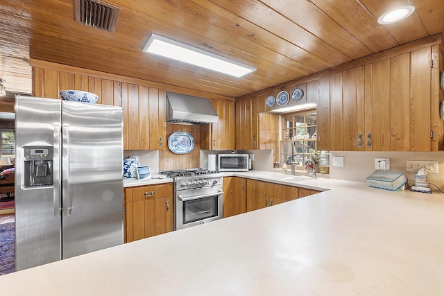 32801 US Highway 441 N Unit 64, Okeechobee, FL 34972 - kitchen featuring appliances with stainless steel finishes, wall chimney exhaust hood, a sink, light countertops, and wood ceiling