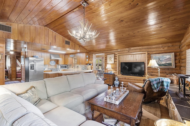 32801 US Highway 441 N Unit 64, Okeechobee, FL 34972 - living room with wooden ceiling, a chandelier, rustic walls, and lofted ceiling