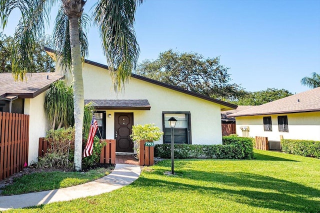 view of front of home with stucco siding and central AC