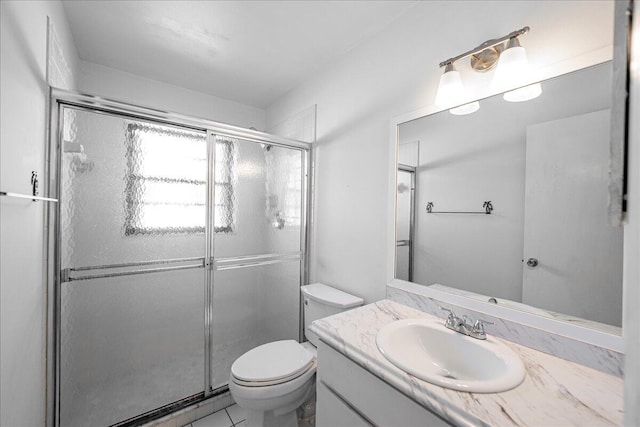 full bath with a stall shower, toilet, and vanity