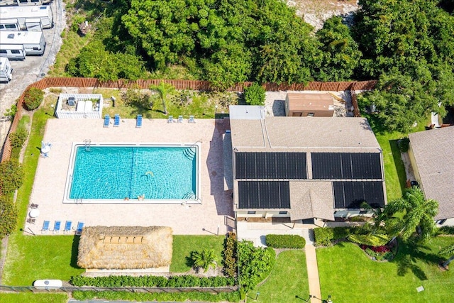 view from above of property with a pool area