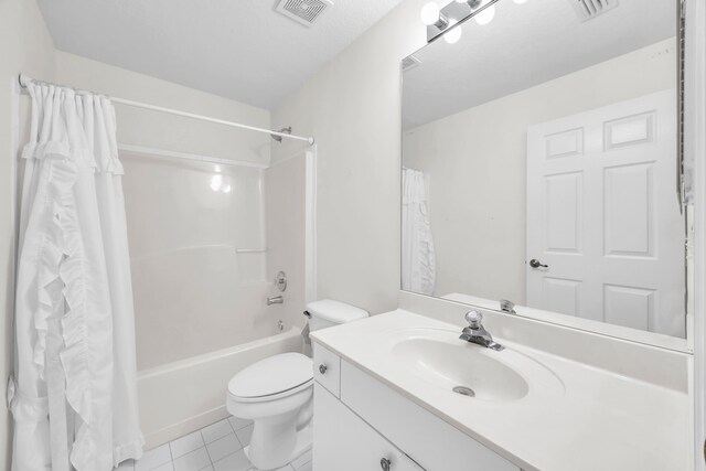 bathroom with tile patterned floors, vanity, toilet, and shower / bathtub combination with curtain
