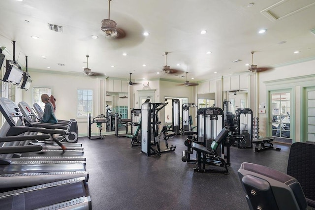 138 NW Magnolia Lakes Blvd, Port Saint Lucie, FL 34986 - workout area featuring ceiling fan, recessed lighting, ornamental molding, and baseboards
