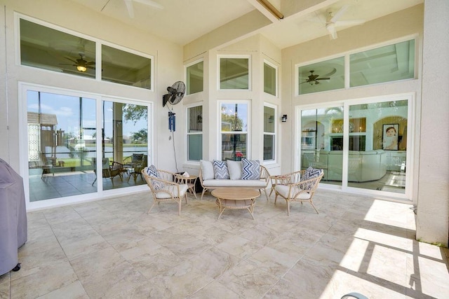 138 NW Magnolia Lakes Blvd, Port Saint Lucie, FL 34986 - view of patio featuring ceiling fan, a water view, and an outdoor hangout area