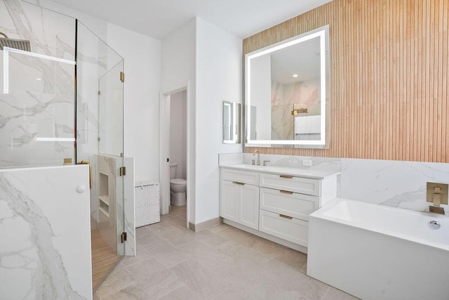 138 NW Magnolia Lakes Blvd, Port Saint Lucie, FL 34986 - bathroom featuring a marble finish shower, vanity, toilet, and a tub