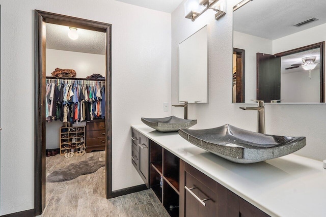 4901 129th Ave N, The Acreage, FL 33411 - bathroom with wood finished floors, double vanity, a walk in closet, a textured ceiling, and baseboards