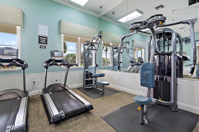 1310 S Jeaga Dr, Jupiter, FL 33458 - gym featuring crown molding, a wainscoted wall, and carpet