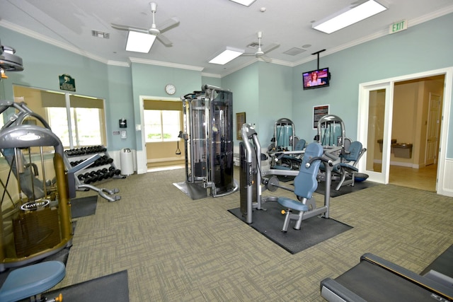 1310 S Jeaga Dr, Jupiter, FL 33458 - workout area with a ceiling fan, ornamental molding, and carpet floors