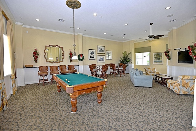 1310 S Jeaga Dr, Jupiter, FL 33458 - game room with carpet, recessed lighting, billiards table, a ceiling fan, and ornamental molding