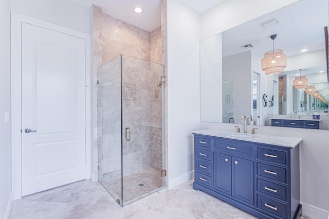 2068 Wightman Dr, Wellington, FL 33414 - bathroom featuring baseboards, a shower stall, vanity, marble look tiles, and recessed lighting