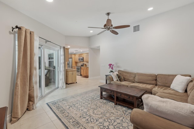 6085 Elmwood Dr, Boca Raton, FL 33433 - living area featuring a ceiling fan, light tile patterned flooring, recessed lighting, and baseboards