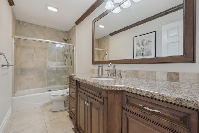 6085 Elmwood Dr, Boca Raton, FL 33433 - full bathroom with tile patterned flooring, toilet, vanity, shower / bath combination with glass door, and crown molding