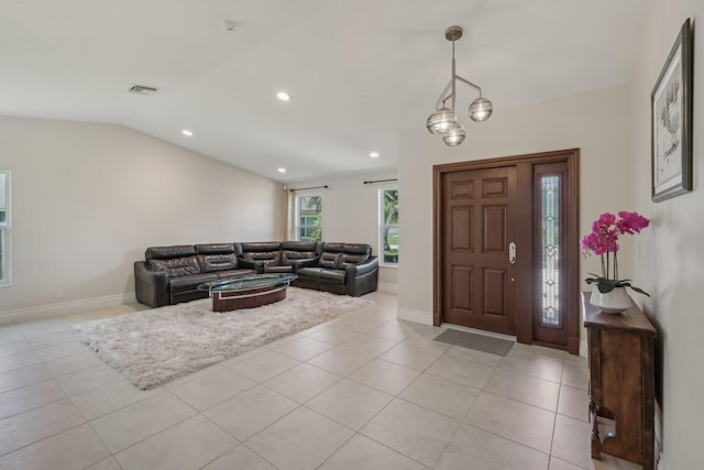 6085 Elmwood Dr, Boca Raton, FL 33433 - foyer with vaulted ceiling, light tile patterned floors, recessed lighting, and baseboards